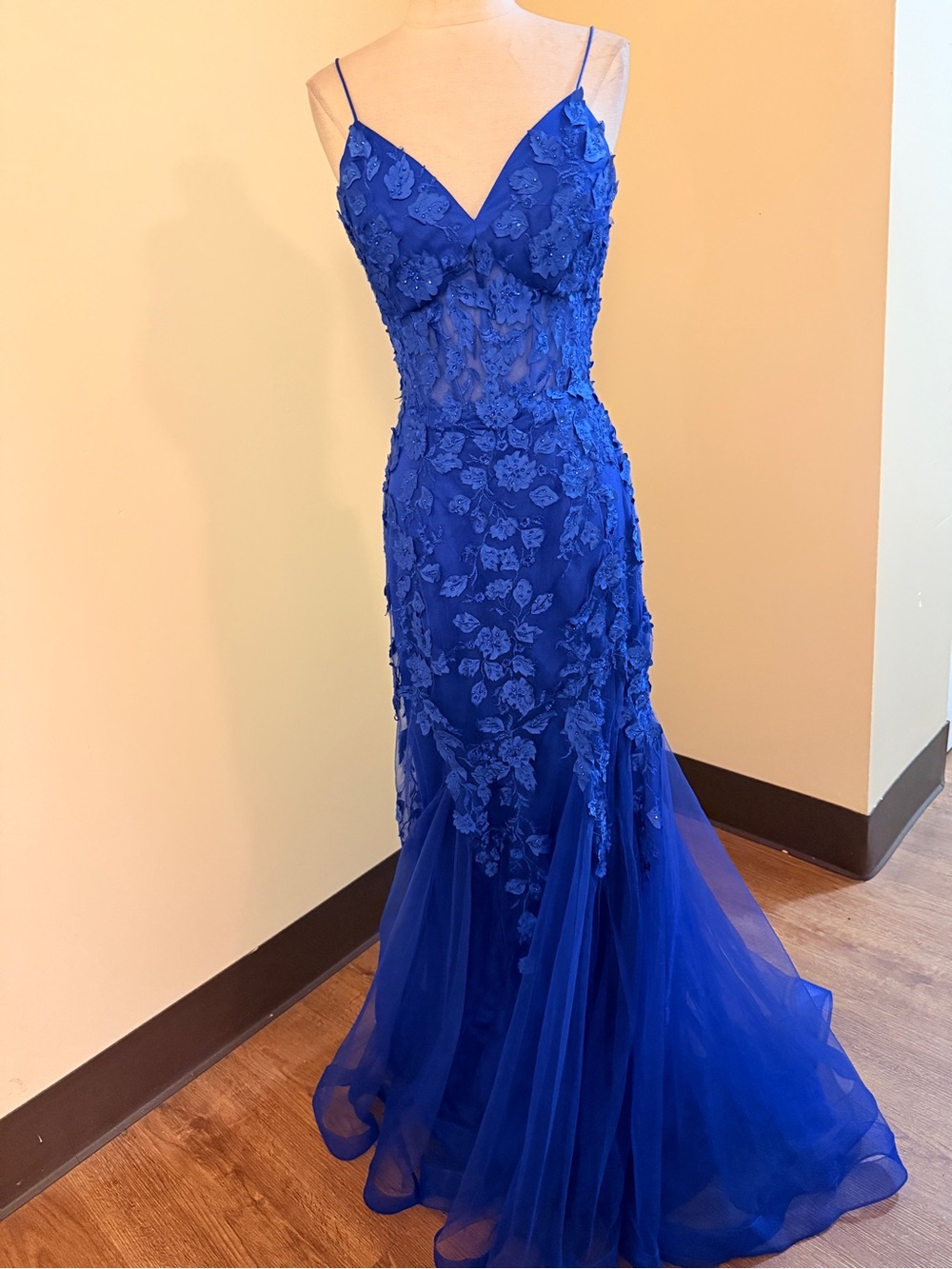 Camille La Vie Cobalt Blue Floral Appliqué Mermaid Gown